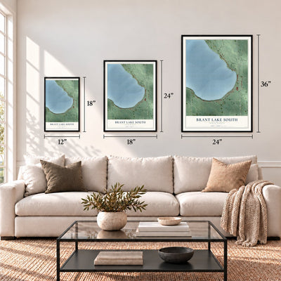Brant Lake South, South Dakota map in 12 x 18, 18 x 24 and 24 x 36 inch sizes above a sofa