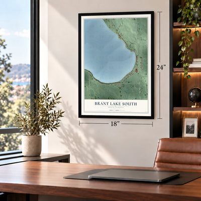 Brant Lake South, South Dakota map, 18 x 24 inch print in a black frame in a home office