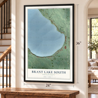 Brant Lake South, South Dakota map, 24 x 36 inch print in a black frame by a staircase