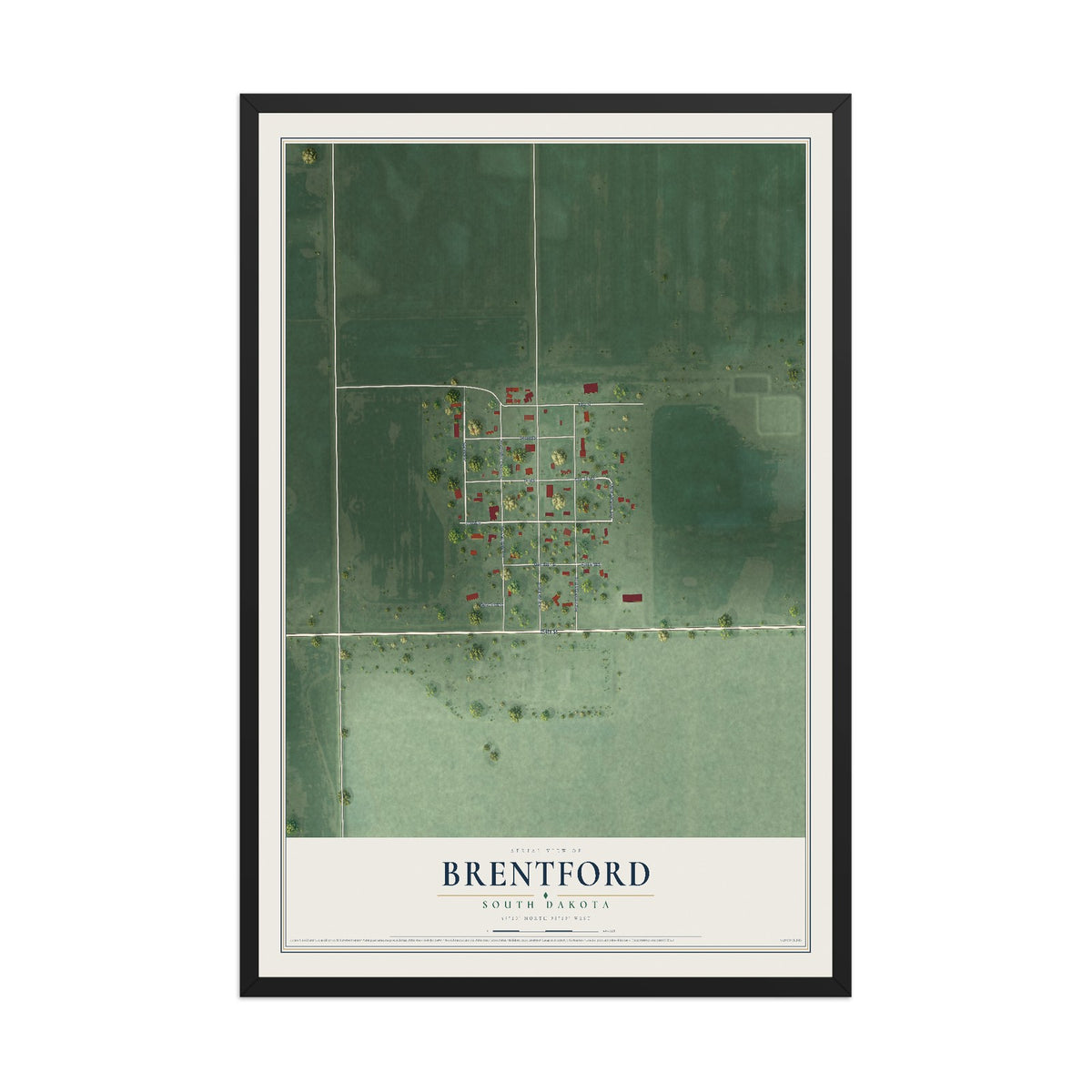 Map of Brentford, South Dakota, 12 x 18 inch print in a black wood frame