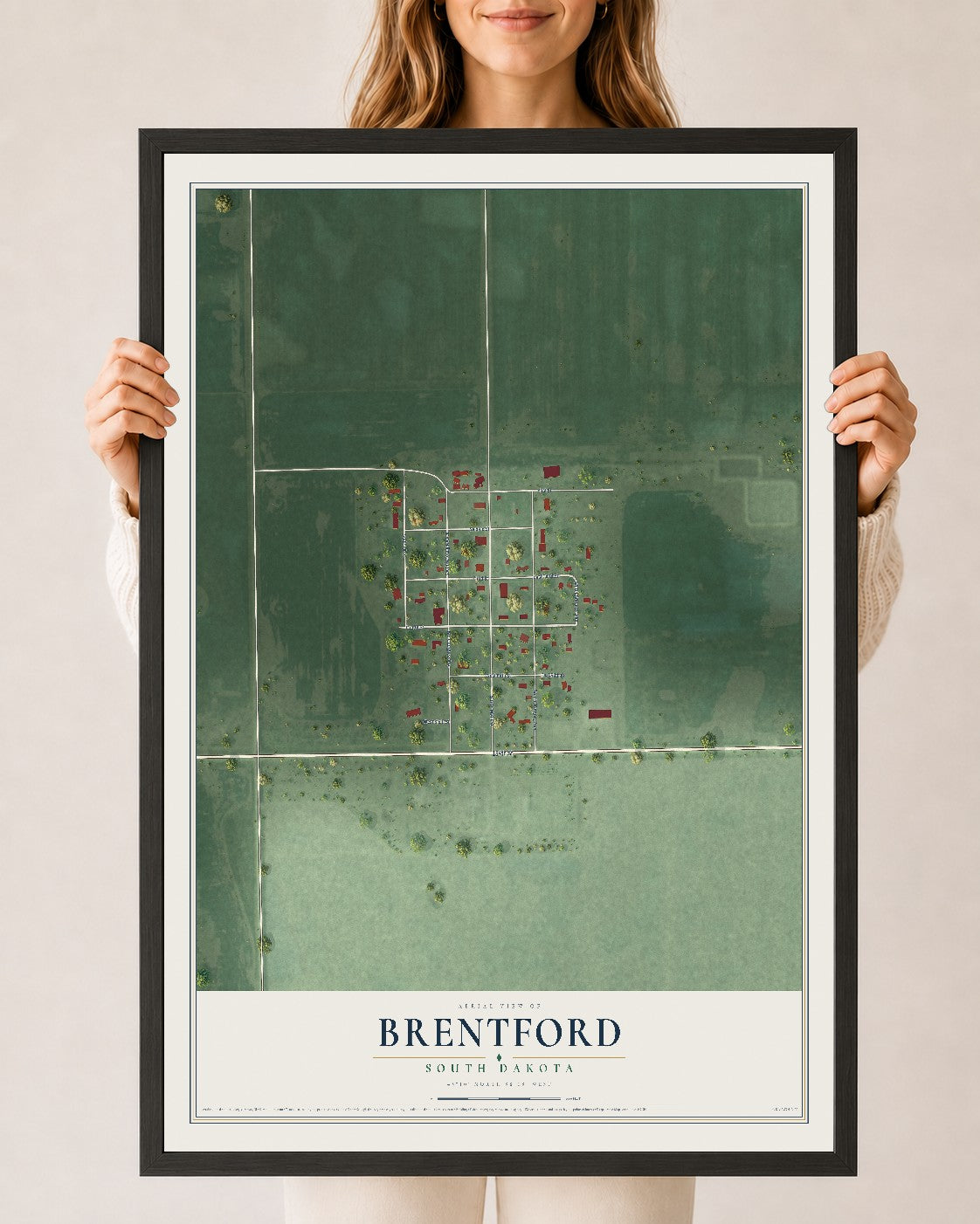 Map of Brentford, South Dakota, 24 x 36 inch print in a black wood frame