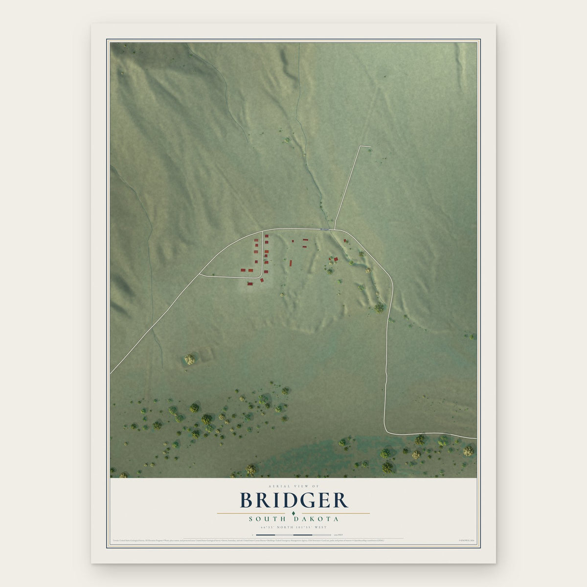 Bridger, South Dakota map print, the full design