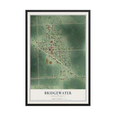 Map of Bridgewater, South Dakota, 12 x 18 inch print in a black wood frame