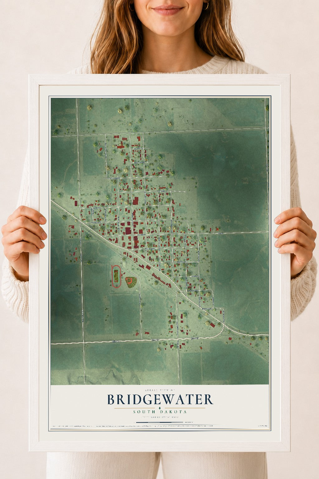 Map of Bridgewater, South Dakota, 18 x 24 inch print in a white wood frame