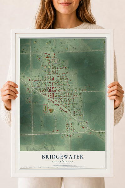 Map of Bridgewater, South Dakota, 18 x 24 inch print in a white wood frame
