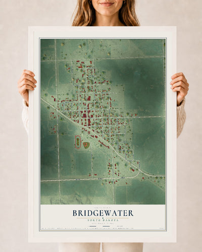 Map of Bridgewater, South Dakota, 24 x 36 inch print in a white wood frame