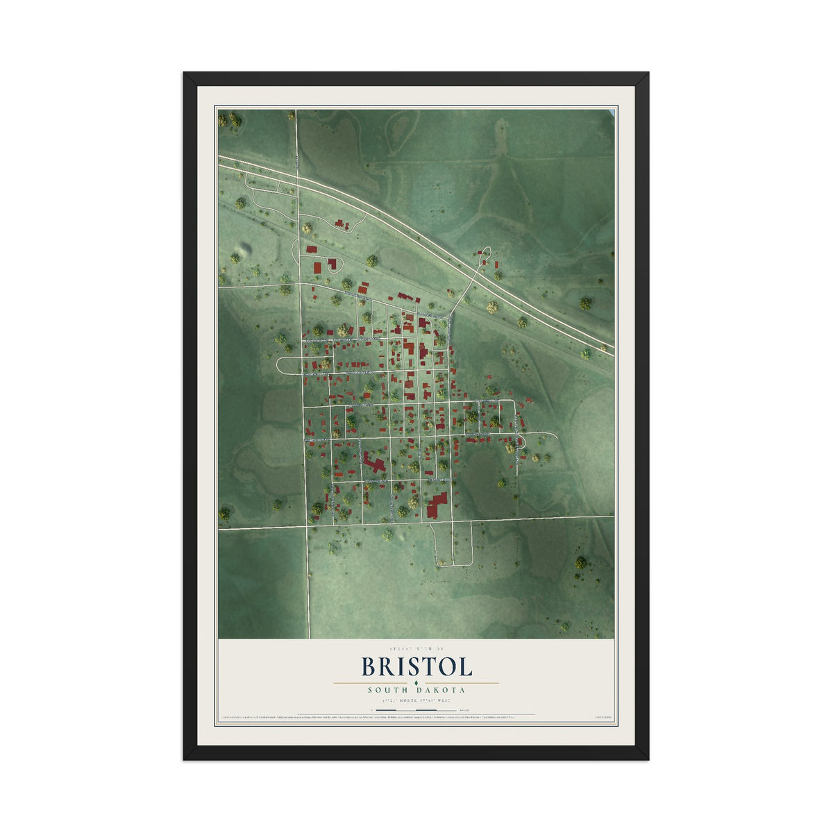 Map of Bristol, South Dakota, 12 x 18 inch print in a black wood frame
