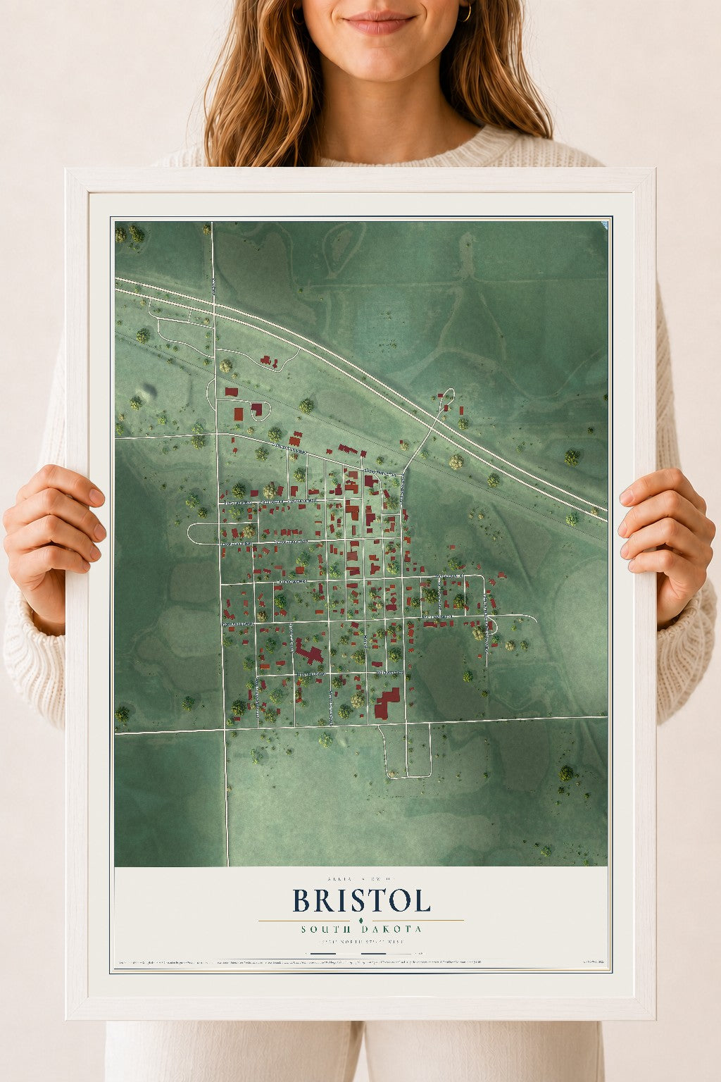 Map of Bristol, South Dakota, 18 x 24 inch print in a white wood frame