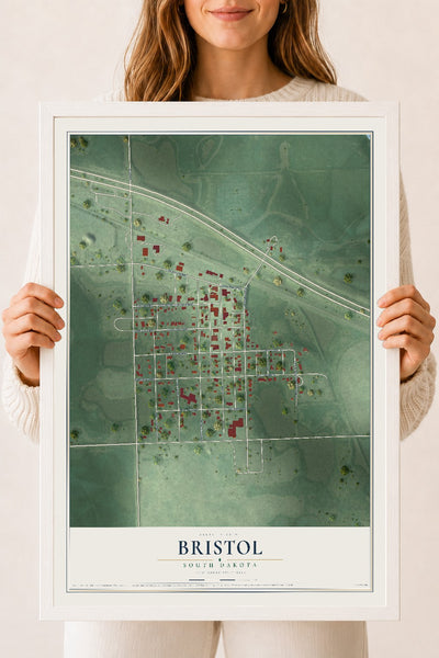Map of Bristol, South Dakota, 18 x 24 inch print in a white wood frame