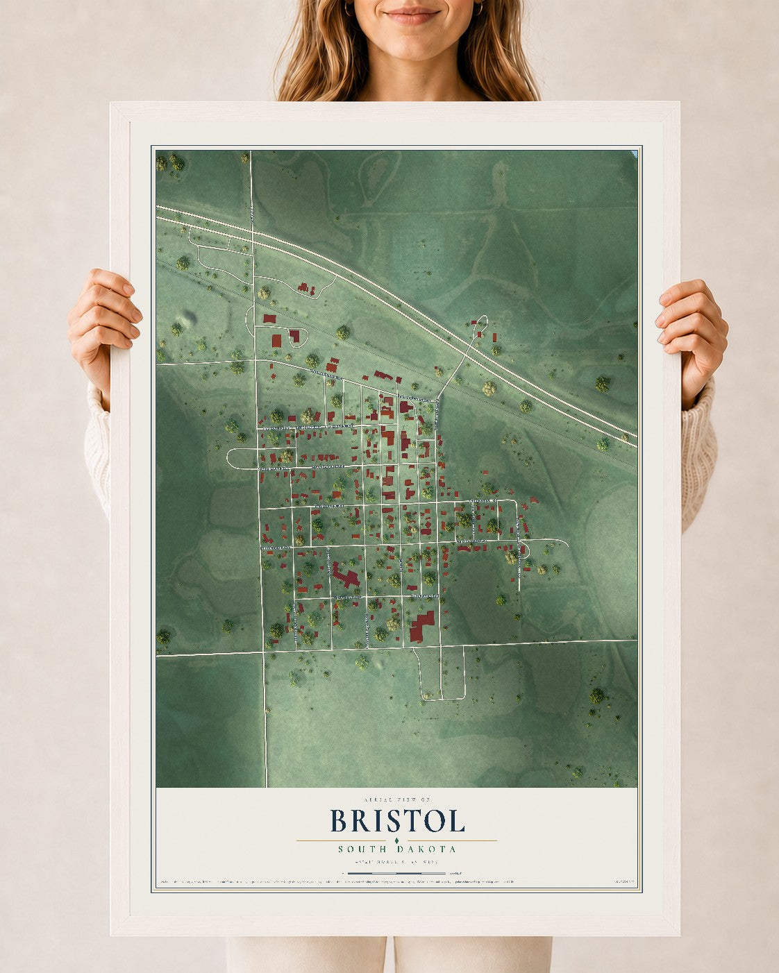 Map of Bristol, South Dakota, 24 x 36 inch print in a white wood frame