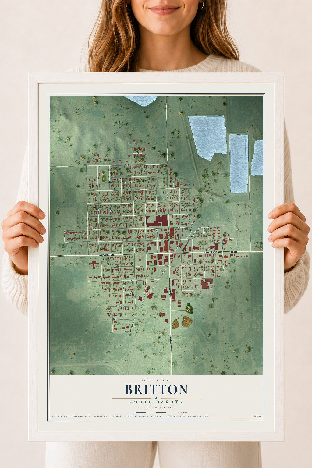 Map of Britton, South Dakota, 18 x 24 inch print in a white wood frame