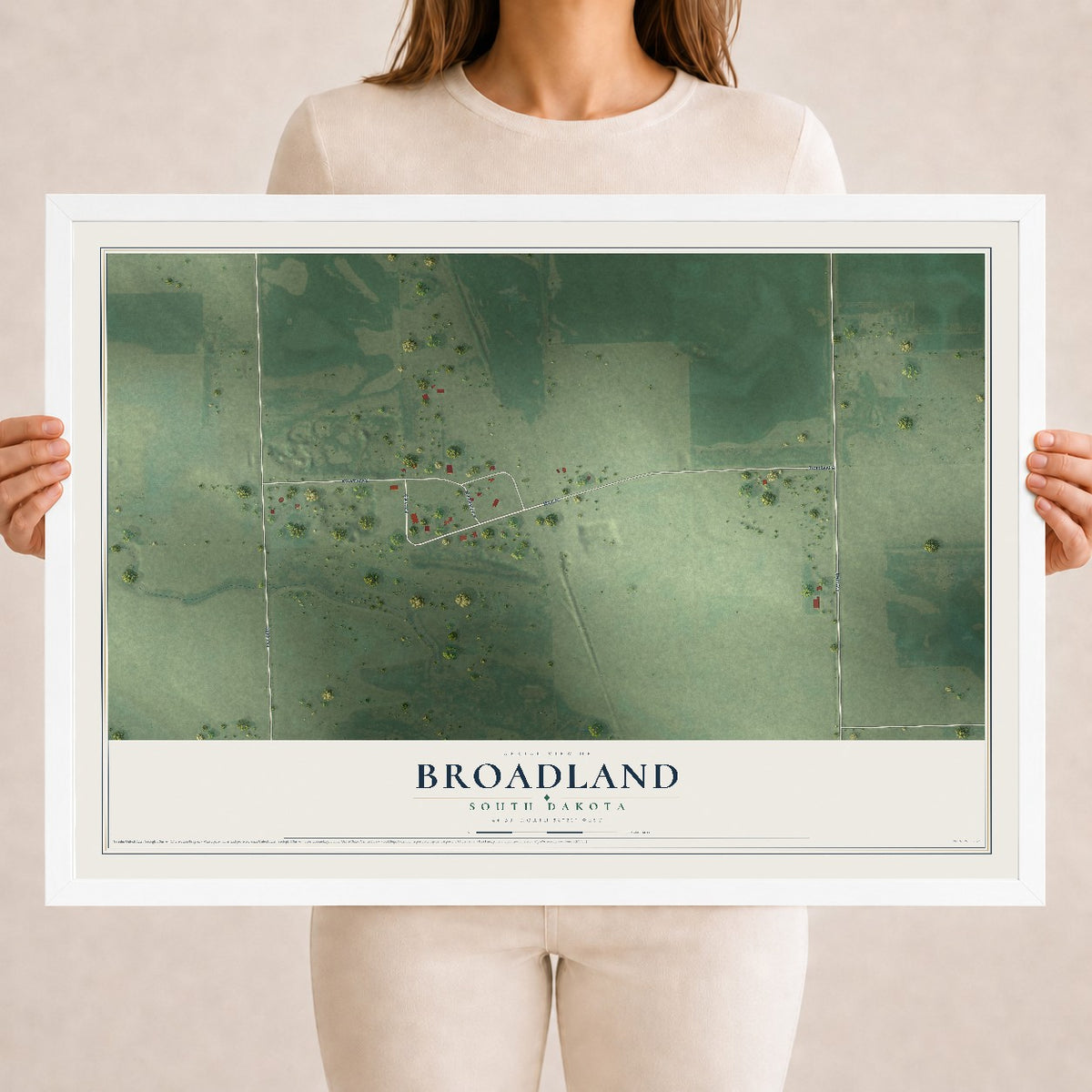 Map of Broadland, South Dakota, 18 x 24 inch print in a white wood frame