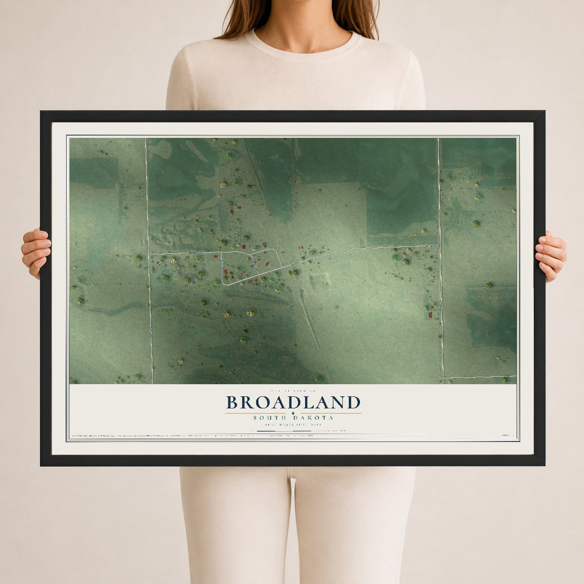 Map of Broadland, South Dakota, 24 x 36 inch print in a black wood frame
