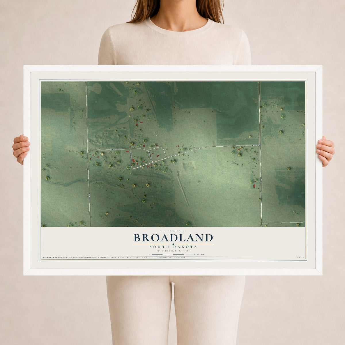 Map of Broadland, South Dakota, 24 x 36 inch print in a white wood frame