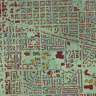 Close-up of the map of Brookings, South Dakota print showing street and building detail