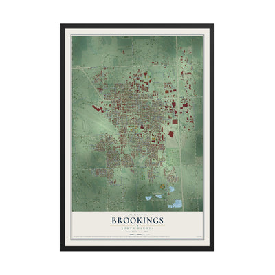 Map of Brookings, South Dakota, 12 x 18 inch print in a black wood frame