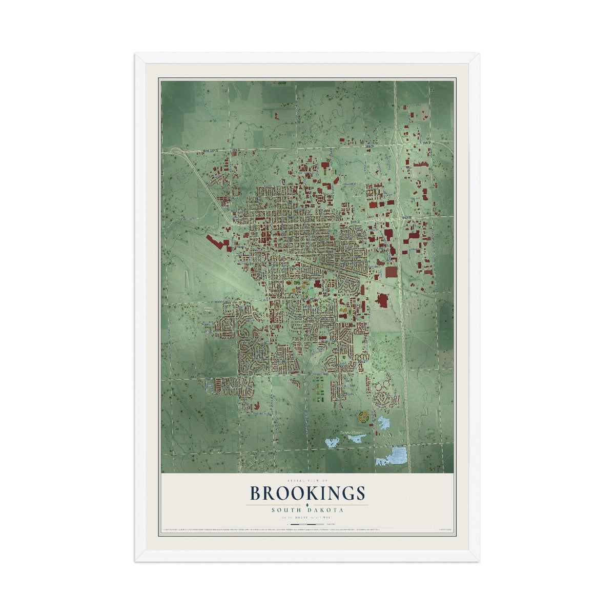 Map of Brookings, South Dakota, 12 x 18 inch print in a white wood frame