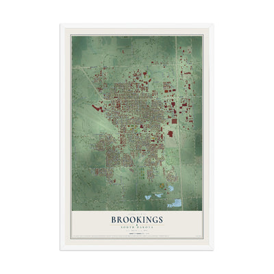 Map of Brookings, South Dakota, 12 x 18 inch print in a white wood frame