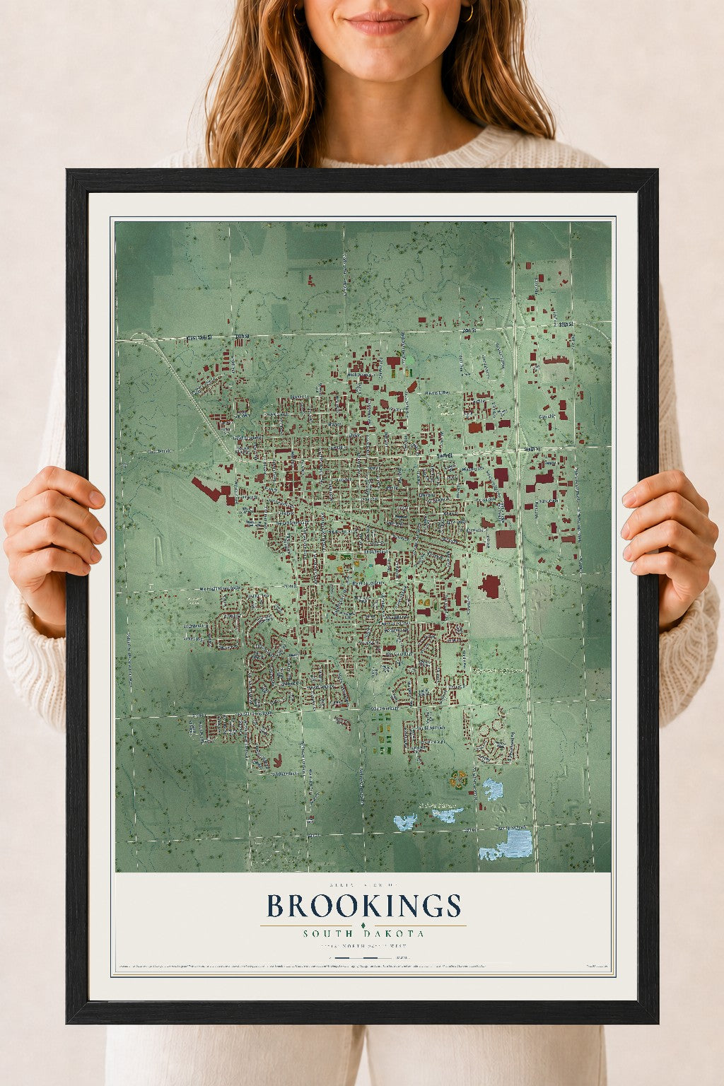 Map of Brookings, South Dakota, 18 x 24 inch print in a black wood frame