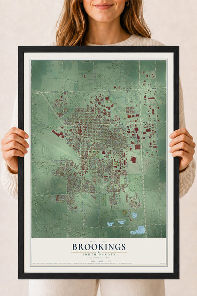 Map of Brookings, South Dakota, 18 x 24 inch print in a black wood frame