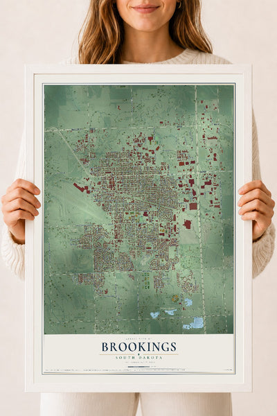 Map of Brookings, South Dakota, 18 x 24 inch print in a white wood frame