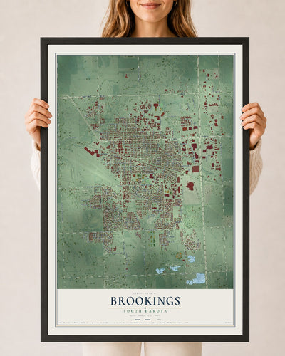 Map of Brookings, South Dakota, 24 x 36 inch print in a black wood frame