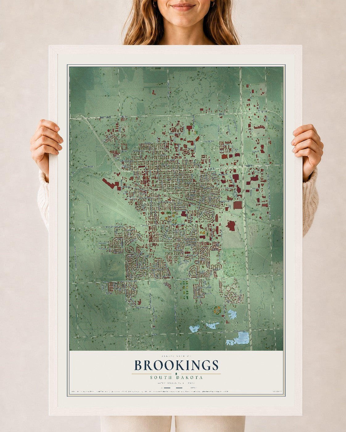 Map of Brookings, South Dakota, 24 x 36 inch print in a white wood frame