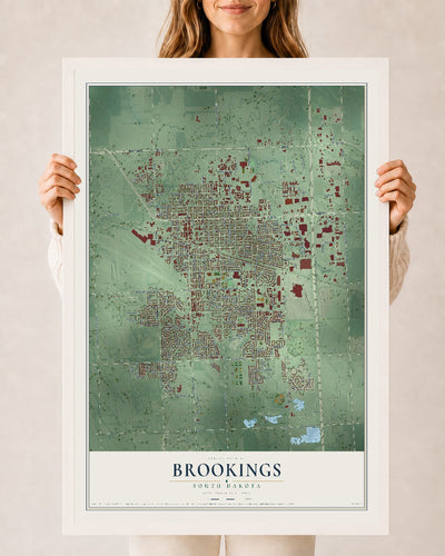 Map of Brookings, South Dakota, 24 x 36 inch print in a white wood frame