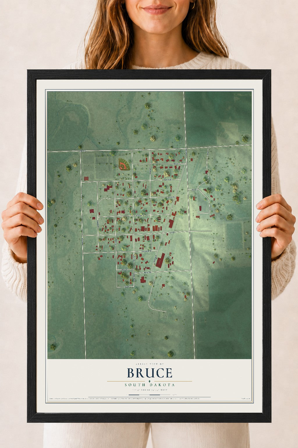 Map of Bruce, South Dakota, 18 x 24 inch print in a black wood frame