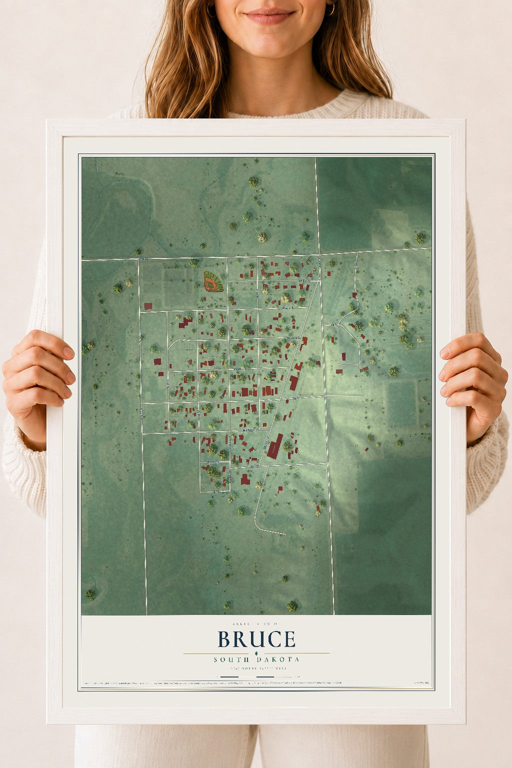 Map of Bruce, South Dakota, 18 x 24 inch print in a white wood frame