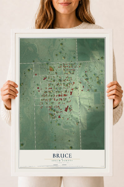 Map of Bruce, South Dakota, 18 x 24 inch print in a white wood frame