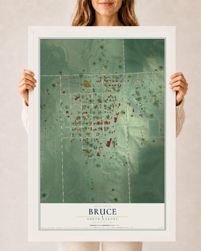 Map of Bruce, South Dakota, 24 x 36 inch print in a white wood frame