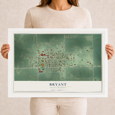 Map of Bryant, South Dakota, 12 x 18 inch print in a white wood frame