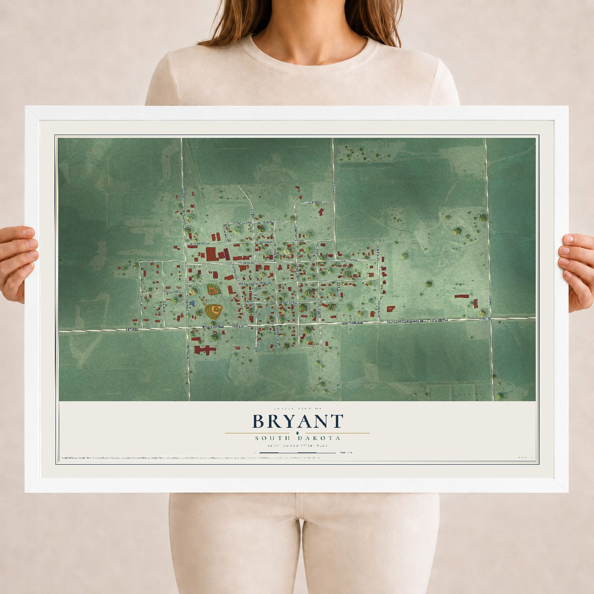 Map of Bryant, South Dakota, 18 x 24 inch print in a white wood frame