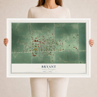 Map of Bryant, South Dakota, 24 x 36 inch print in a white wood frame