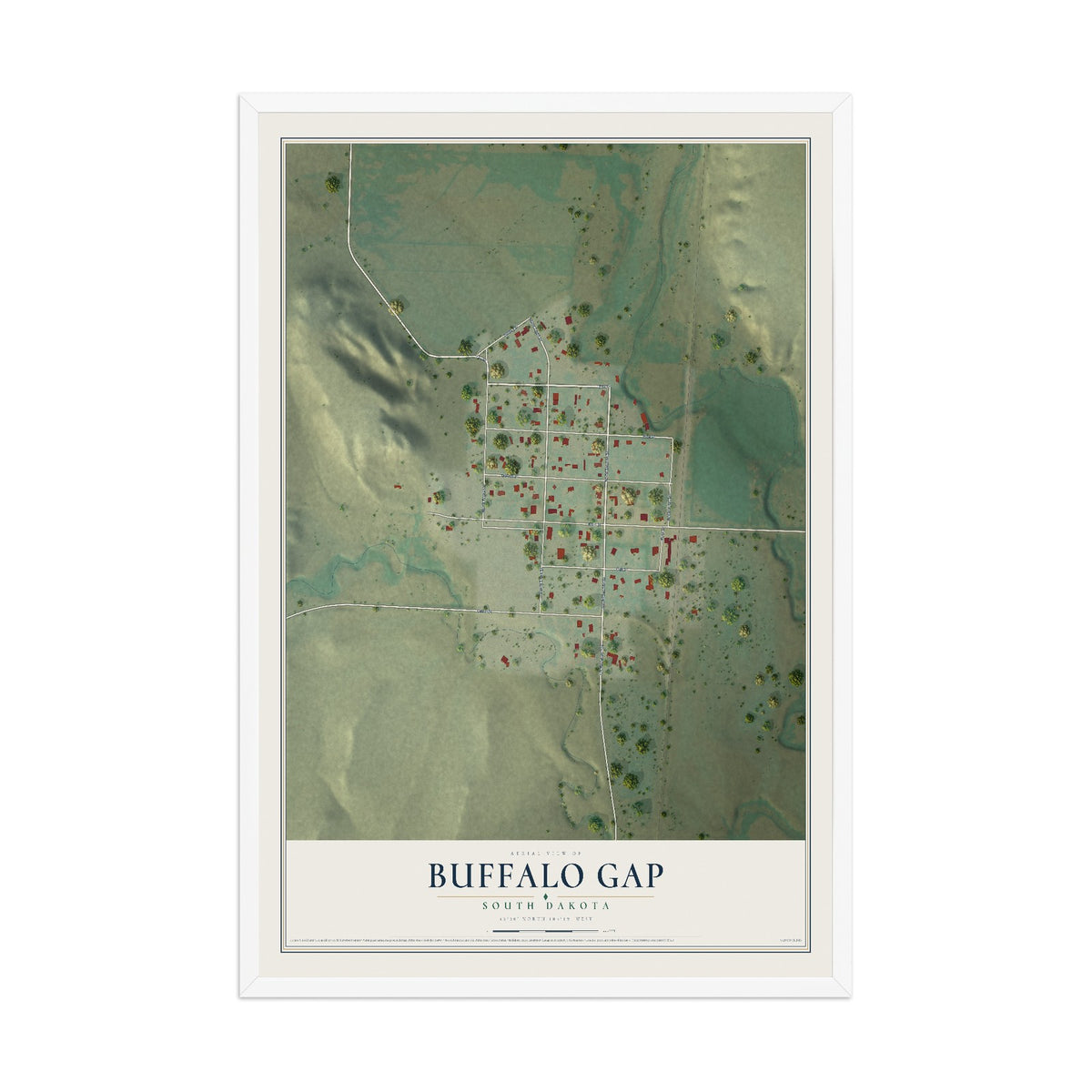 Map of Buffalo Gap, South Dakota, 12 x 18 inch print in a white wood frame