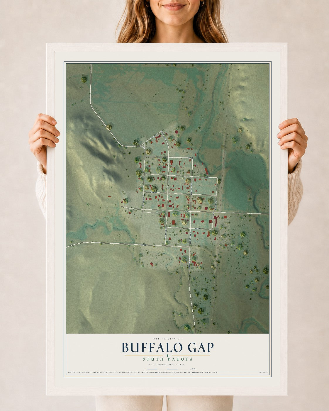 Map of Buffalo Gap, South Dakota, 24 x 36 inch print in a white wood frame