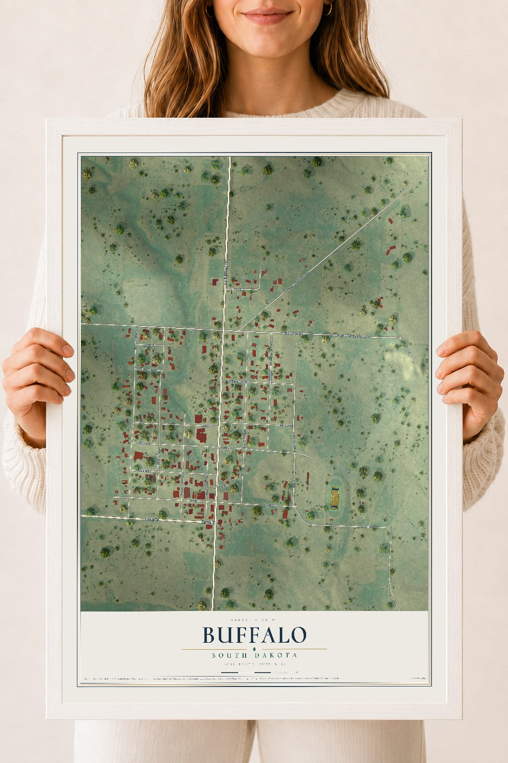 Map of Buffalo, South Dakota, 18 x 24 inch print in a white wood frame