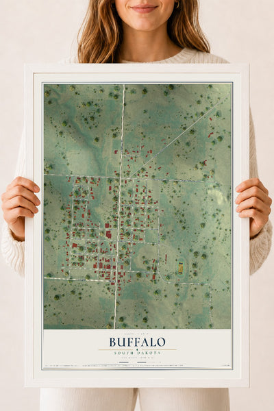 Map of Buffalo, South Dakota, 18 x 24 inch print in a white wood frame