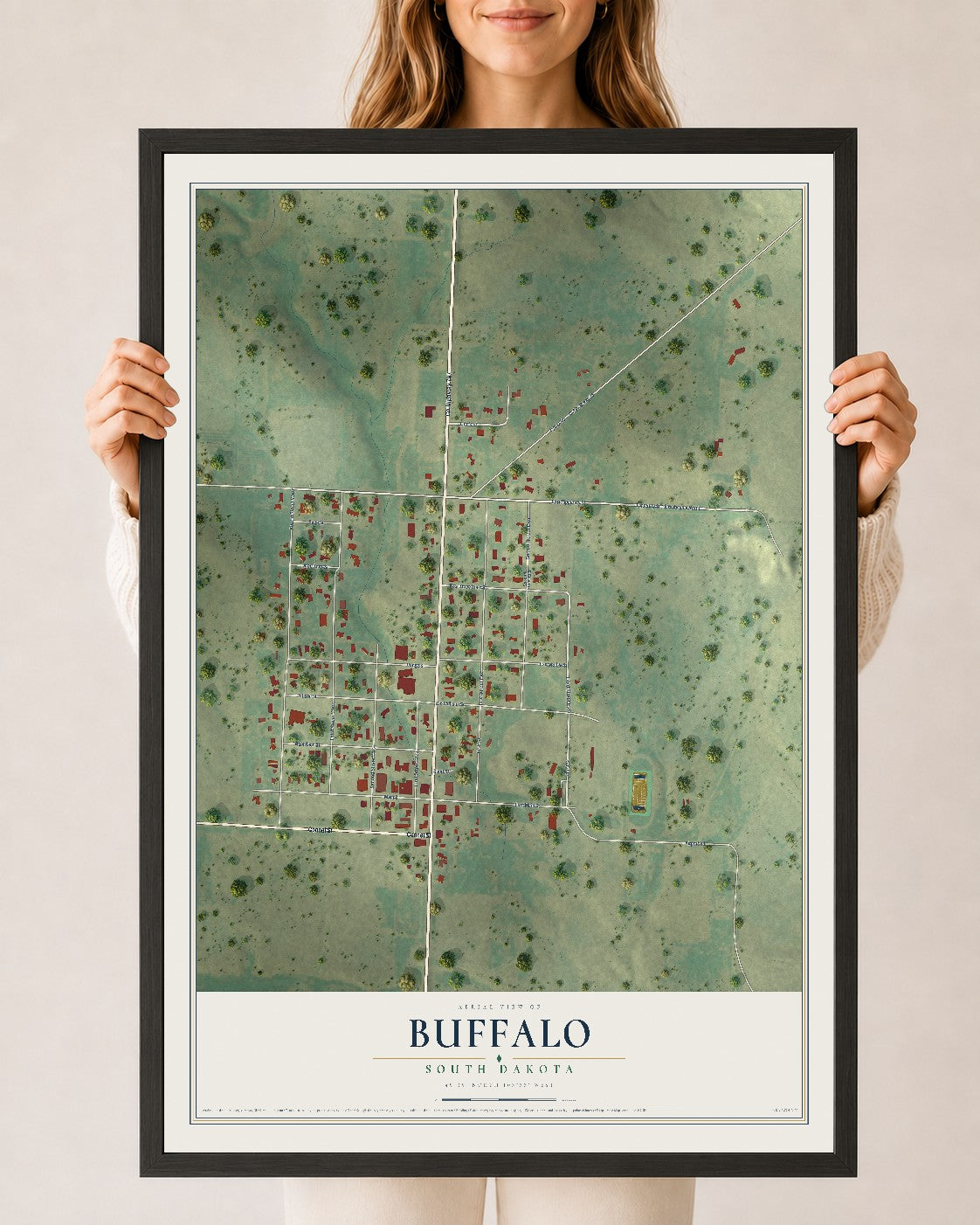 Map of Buffalo, South Dakota, 24 x 36 inch print in a black wood frame