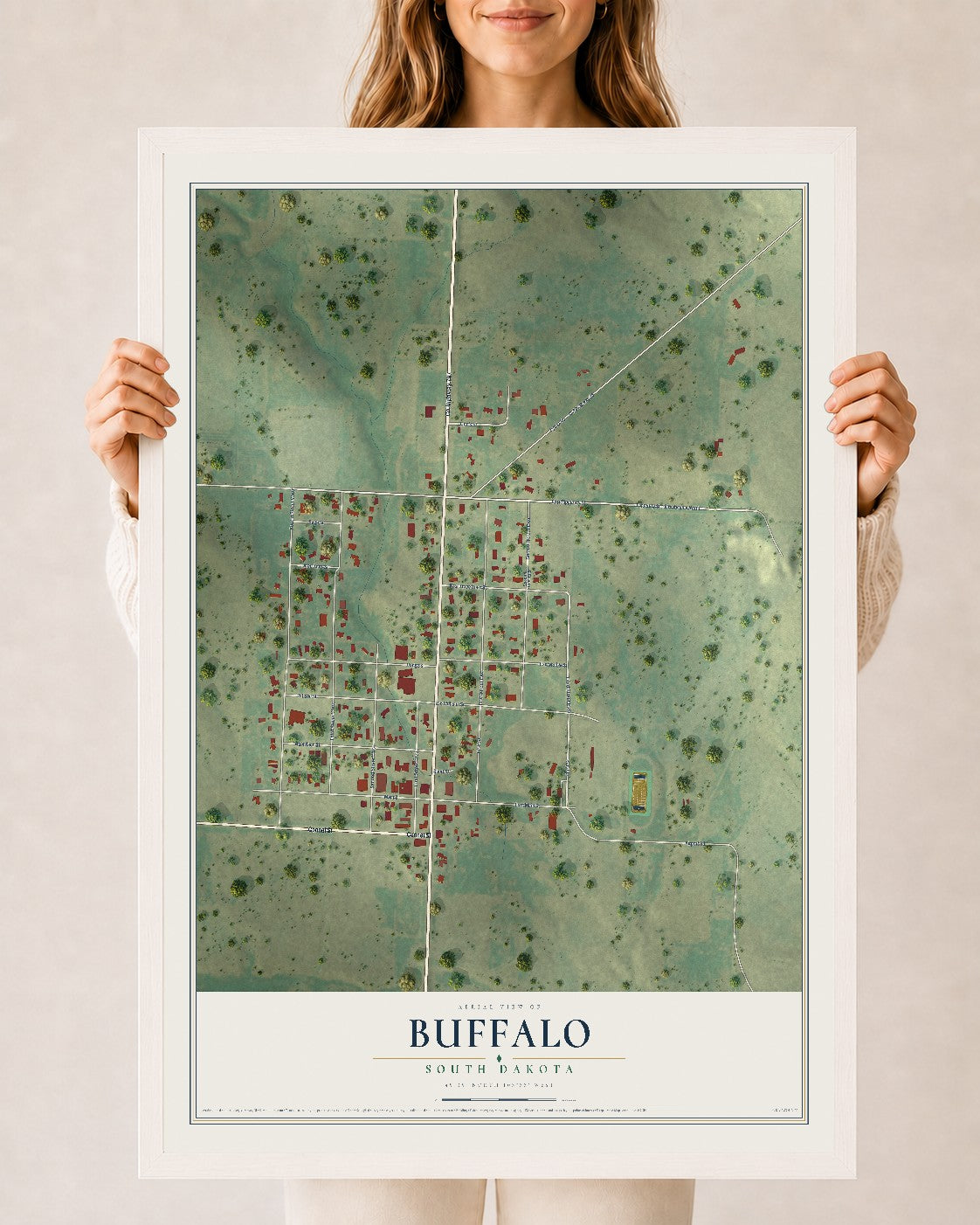 Map of Buffalo, South Dakota, 24 x 36 inch print in a white wood frame