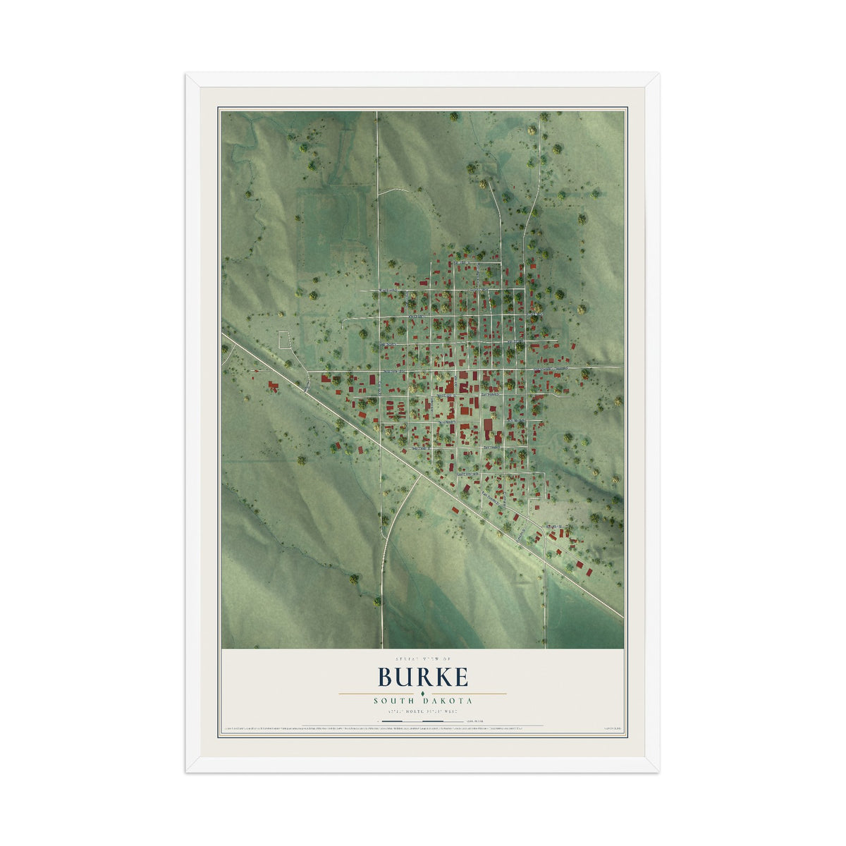 Map of Burke, South Dakota, 12 x 18 inch print in a white wood frame