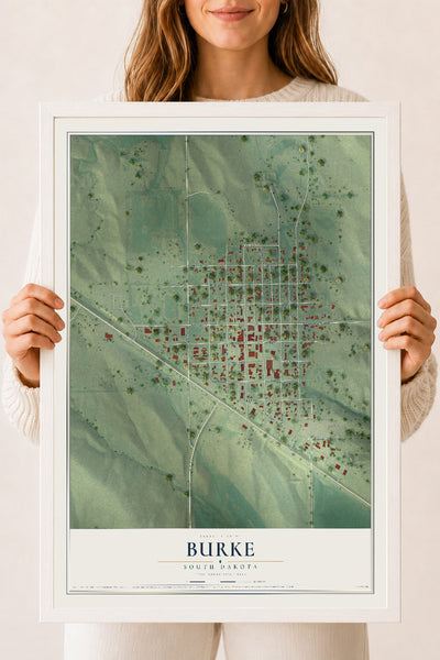Map of Burke, South Dakota, 18 x 24 inch print in a white wood frame