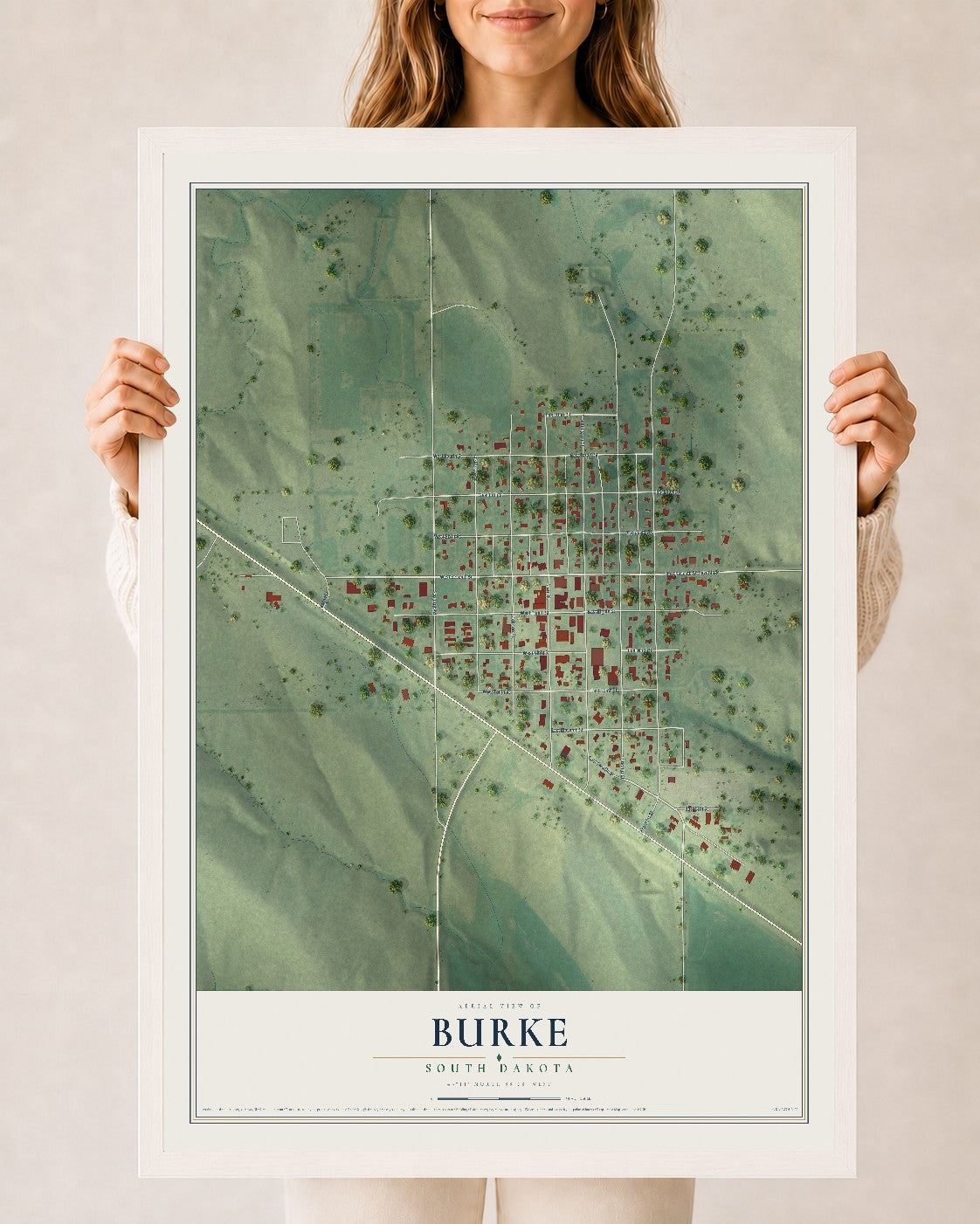 Map of Burke, South Dakota, 24 x 36 inch print in a white wood frame