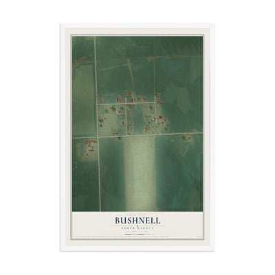 Map of Bushnell, South Dakota, 12 x 18 inch print in a white wood frame
