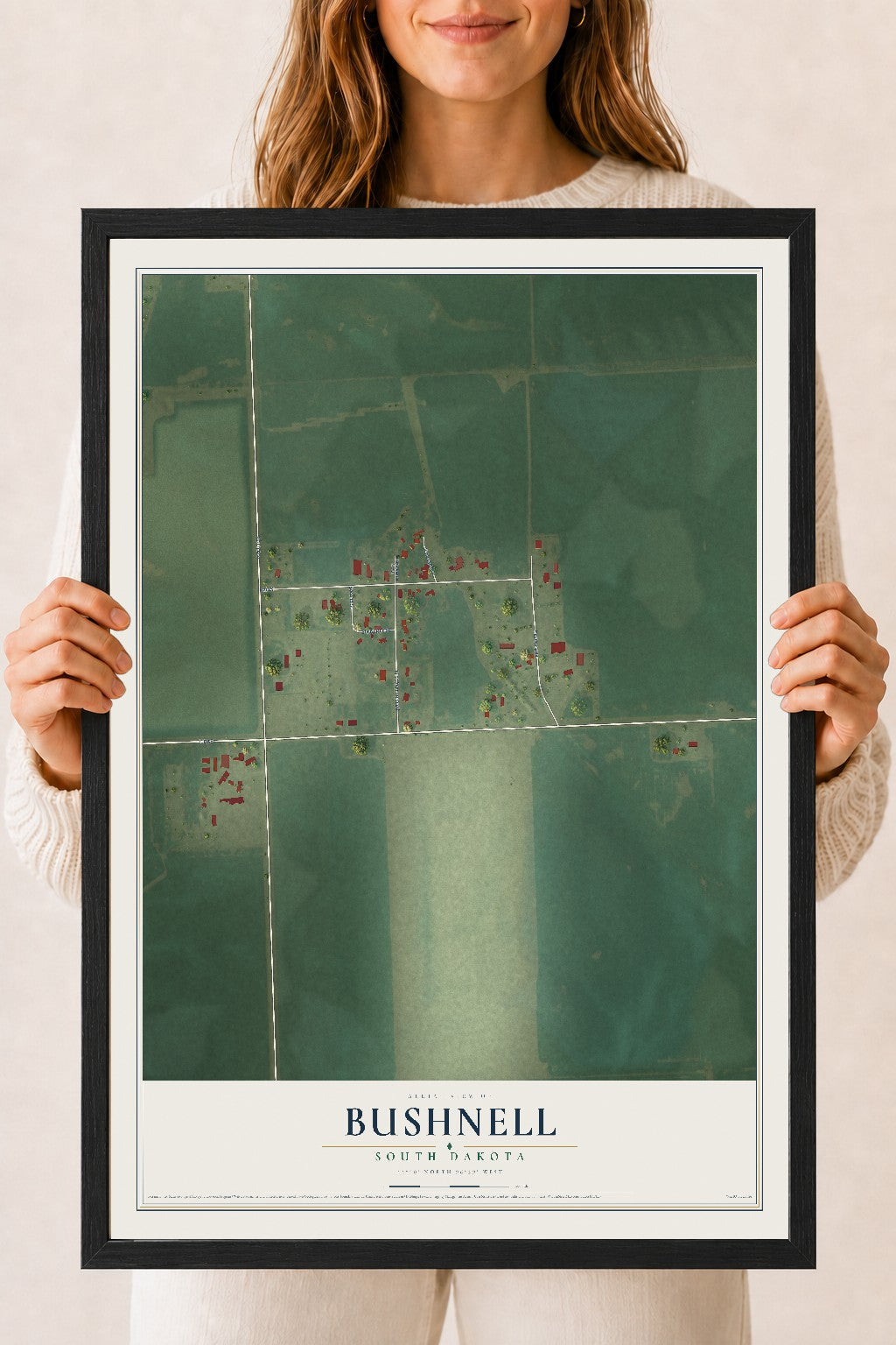 Map of Bushnell, South Dakota, 18 x 24 inch print in a black wood frame