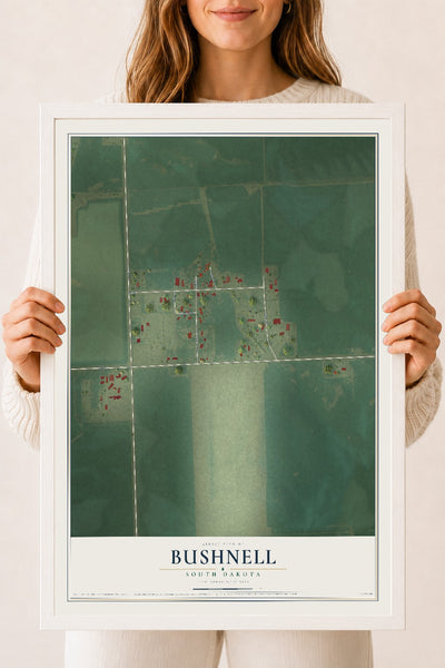 Map of Bushnell, South Dakota, 18 x 24 inch print in a white wood frame