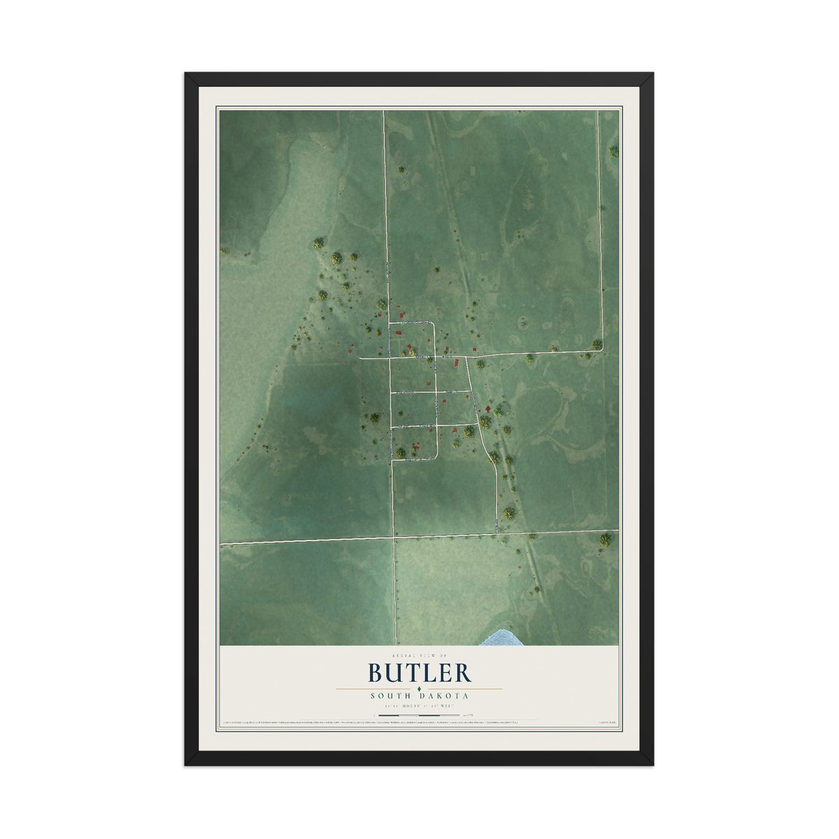 Map of Butler, South Dakota, 12 x 18 inch print in a black wood frame