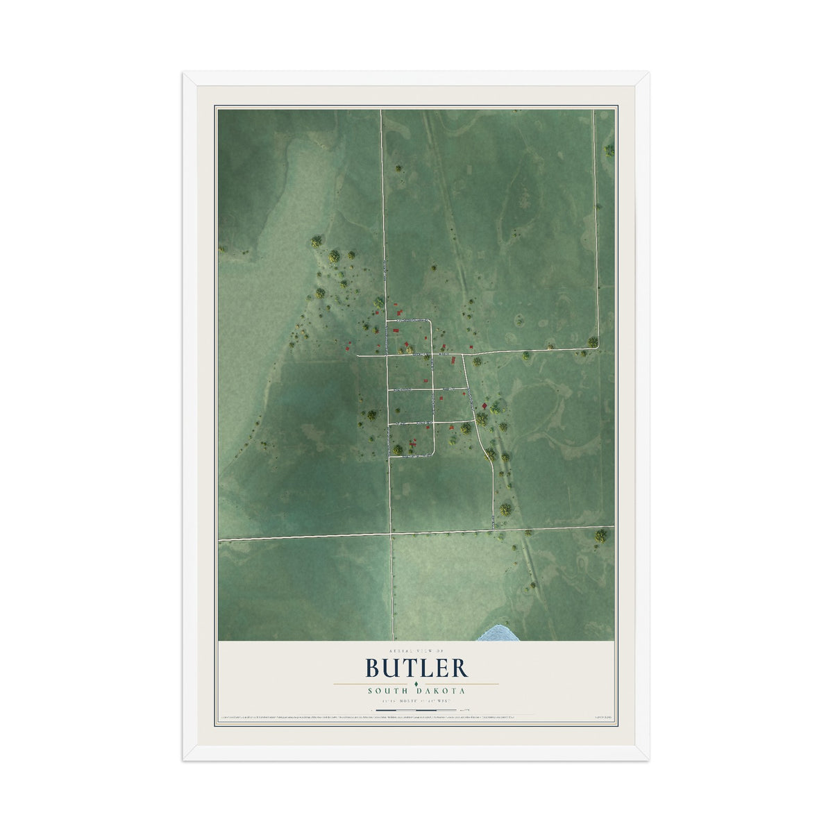 Map of Butler, South Dakota, 12 x 18 inch print in a white wood frame