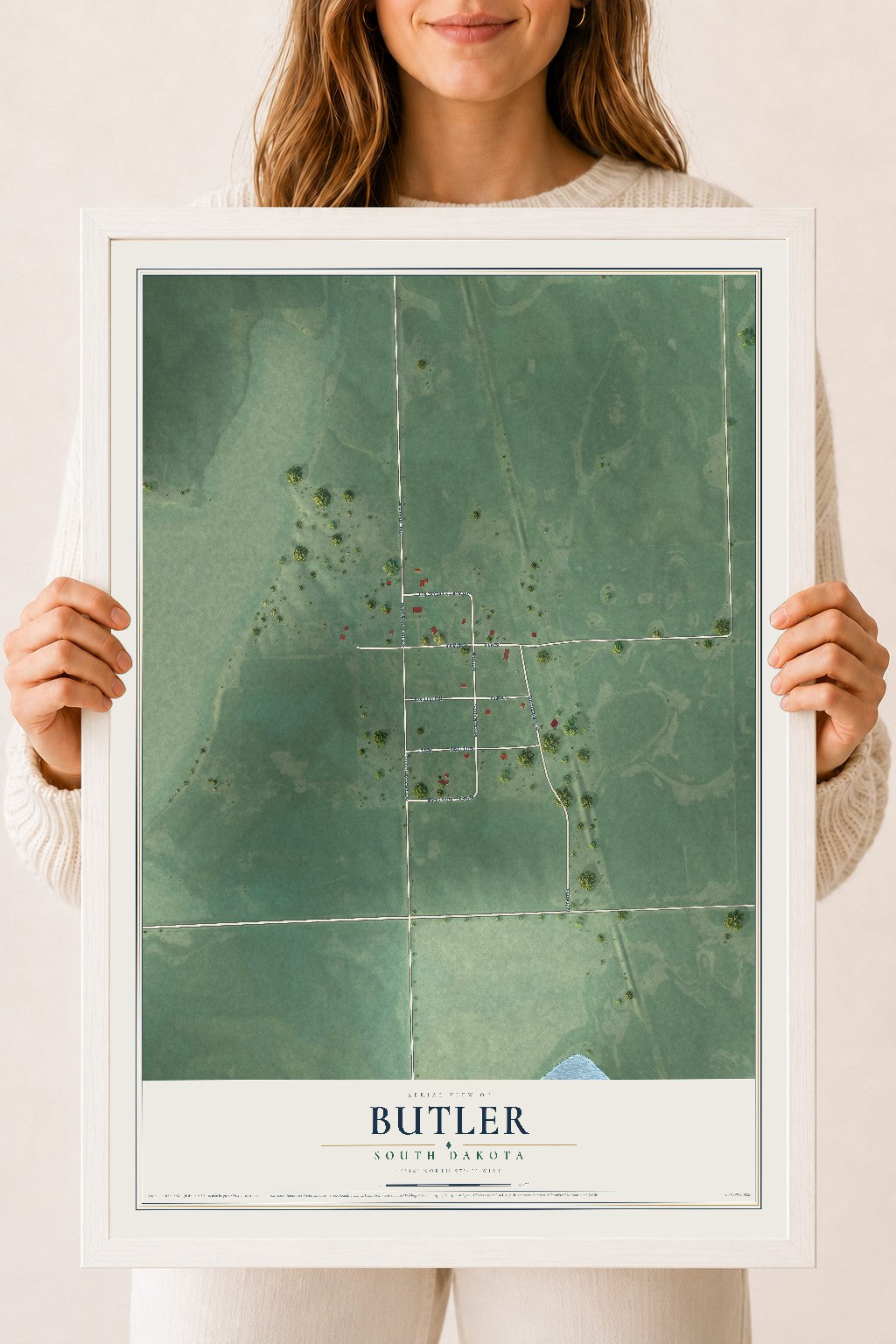 Map of Butler, South Dakota, 18 x 24 inch print in a white wood frame